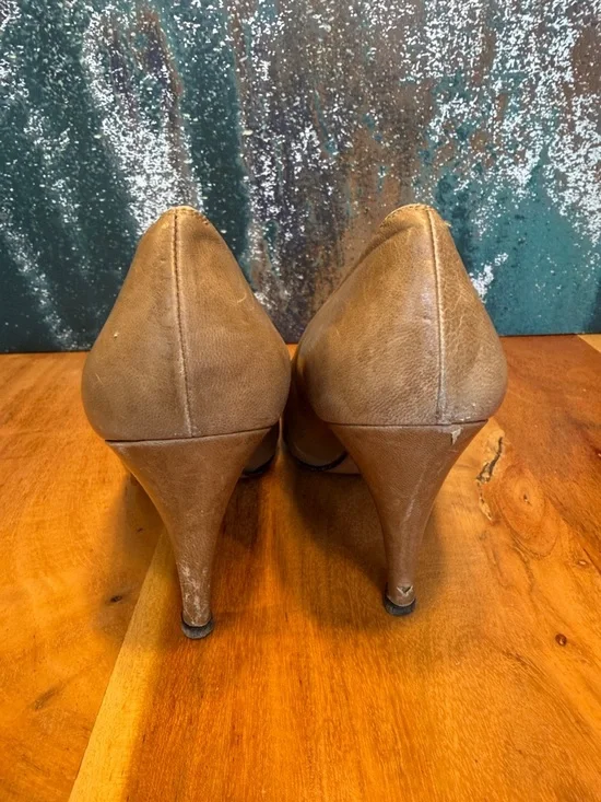 Yves Saint Laurent Vintage 90s Quiet Luxury Leather Peep Toe Heels Taupe/Tan - Picture 6 of 17